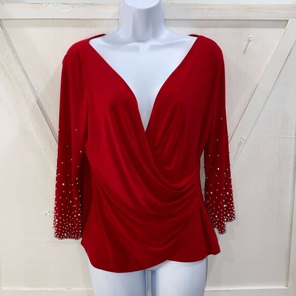 Alex Evenings 3/4 Sleeve Embellished Red Faux Wrap V-Neck Blouse Size Medium - Picture 1 of 13